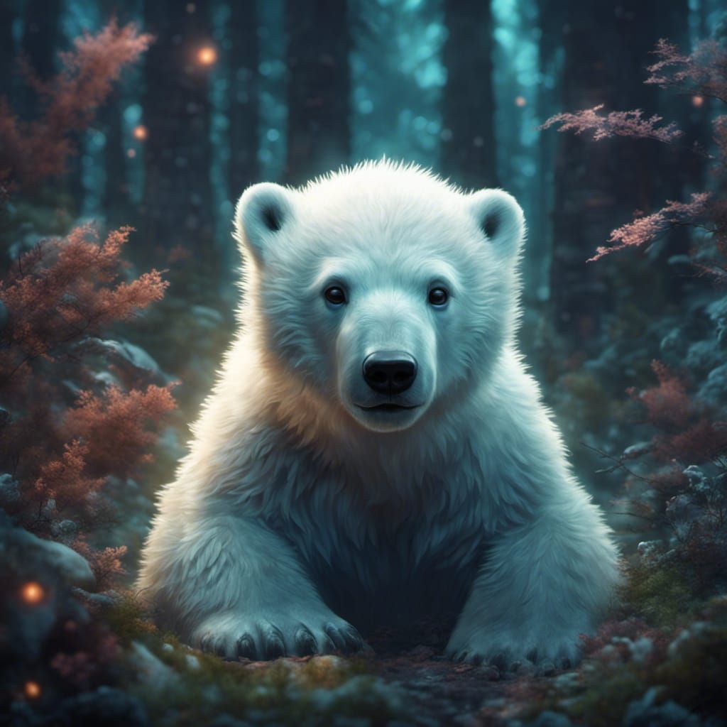 Cute Polar Bear in Bioluminescent Forest: Detailed Matte Pai...