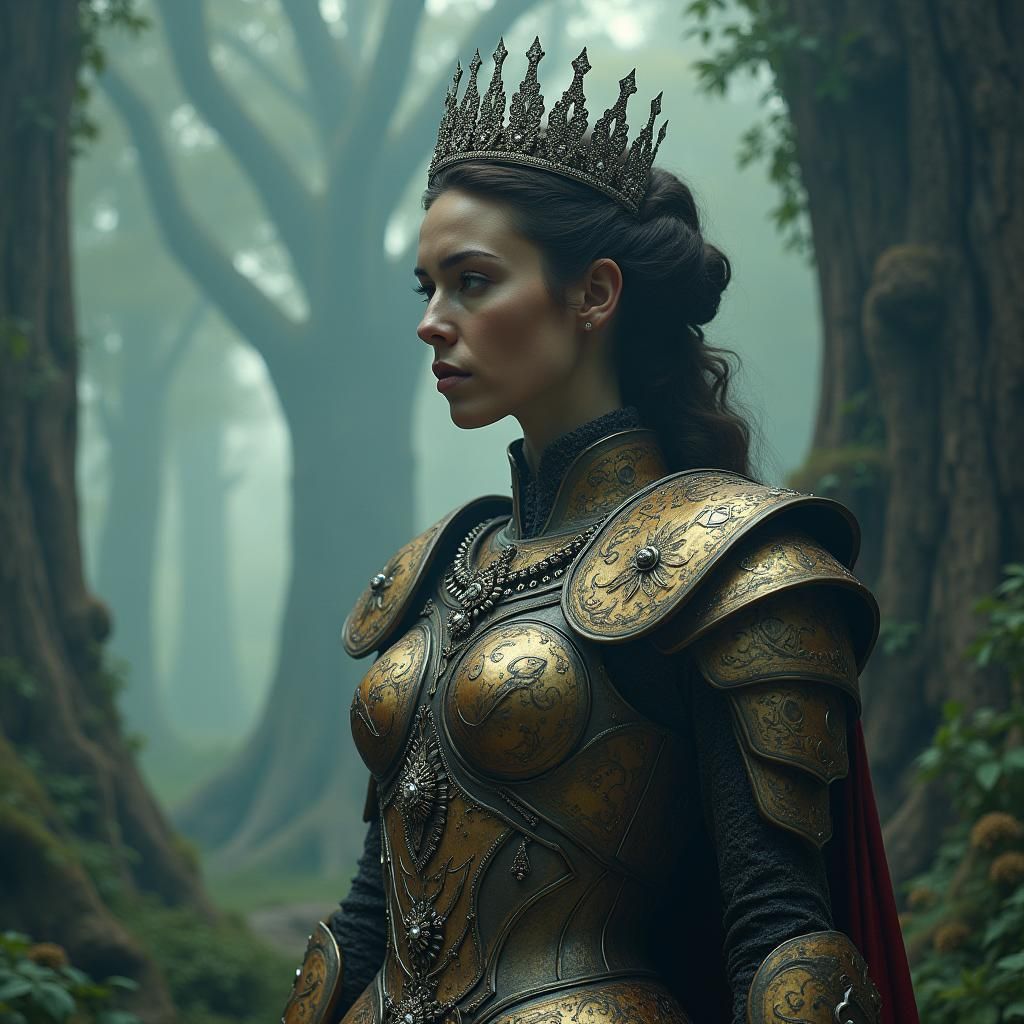 Regal Warrior Queen in Lush Fantasy Realm