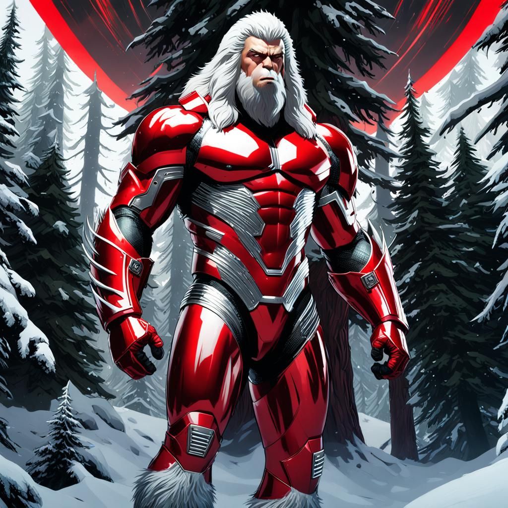 Armored Sasquatch Superhero in Snowy Forest