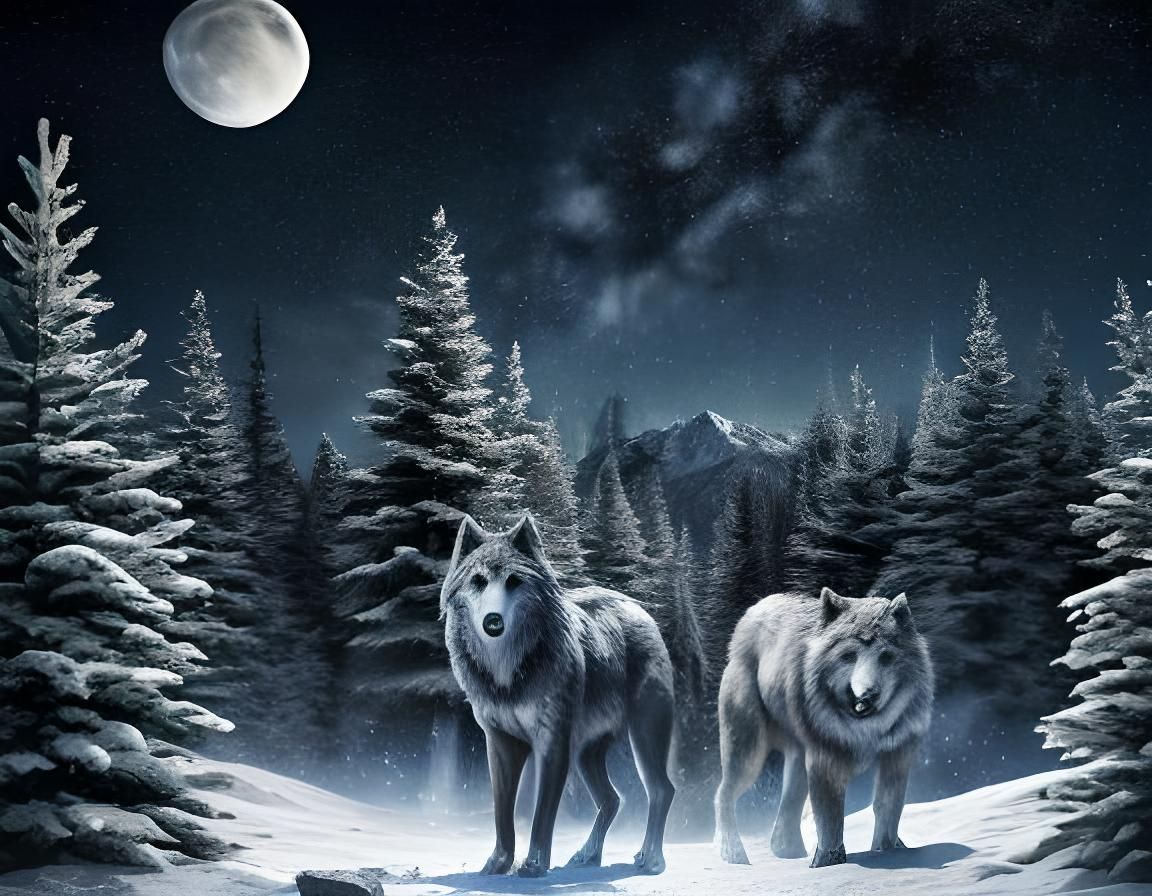 Arctic Wolves Under Starry Sky: Hyperrealistic Splash Art