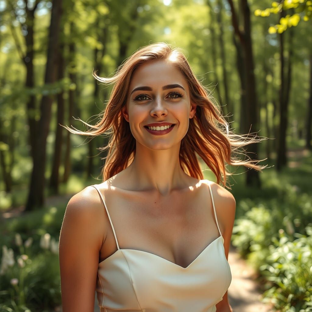 A Stunning Woman Walks Through a Cool Summer Forest in Elega...