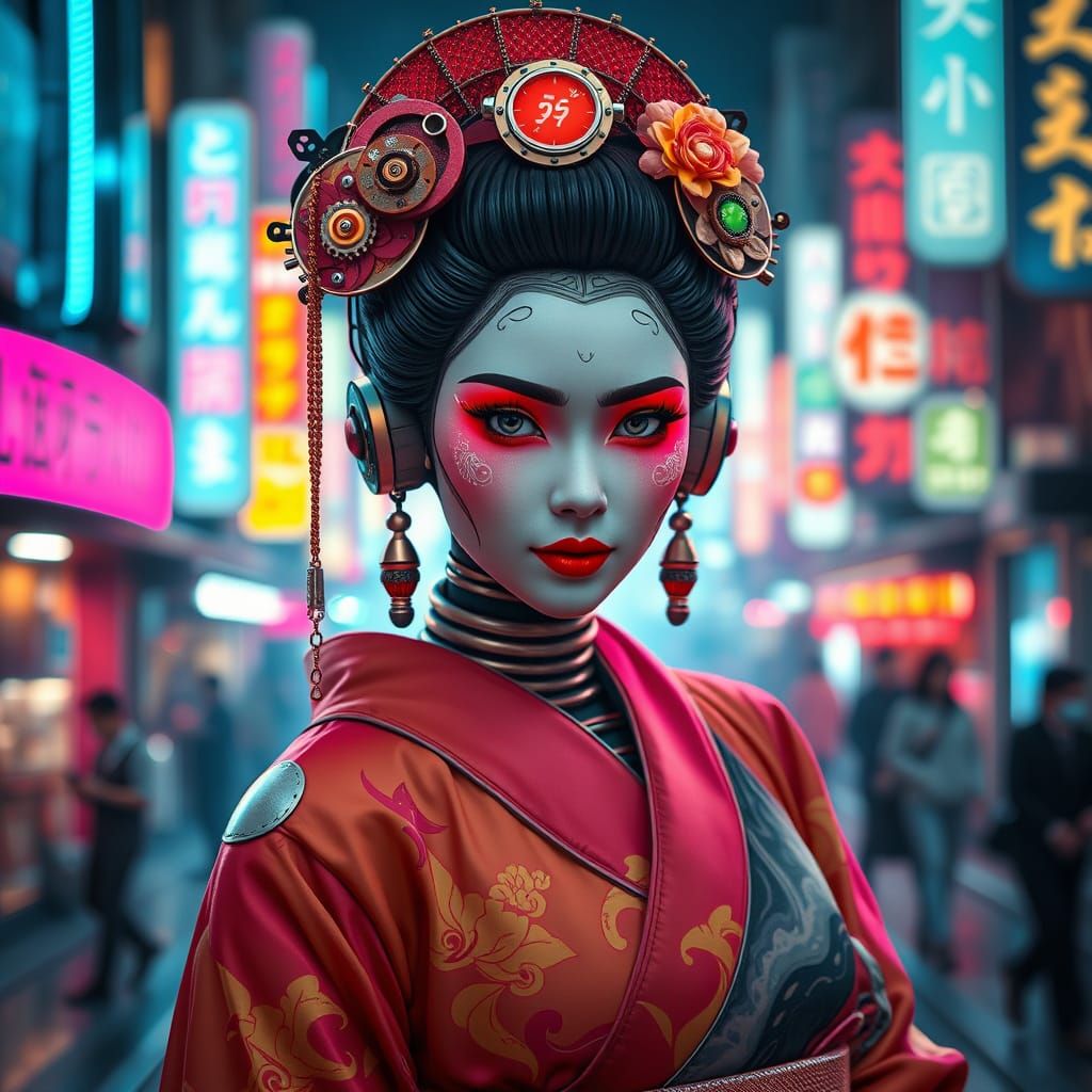 Steampunk Geisha in Cyberpunk Cityscape