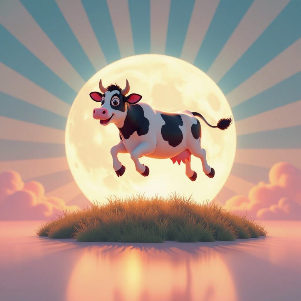 Whimsical Cow Leaps Over Moon in 3D Animation Style