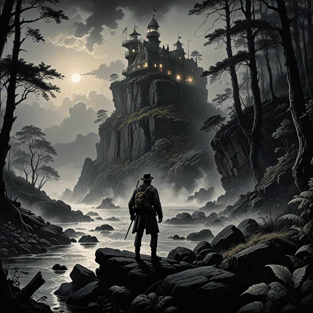 Victorian Explorer on Mysterious Island in Atmospheric Chiar...