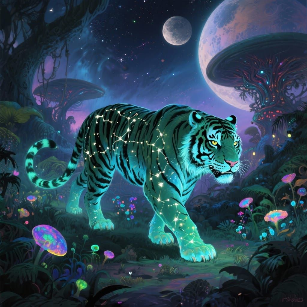Bioluminescent Constellation Tiger in Alien Jungle