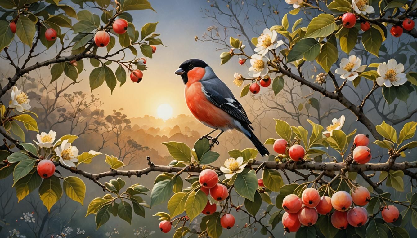 Bullfinch on Fig Tree at Sunrise: Detailed Bird Art