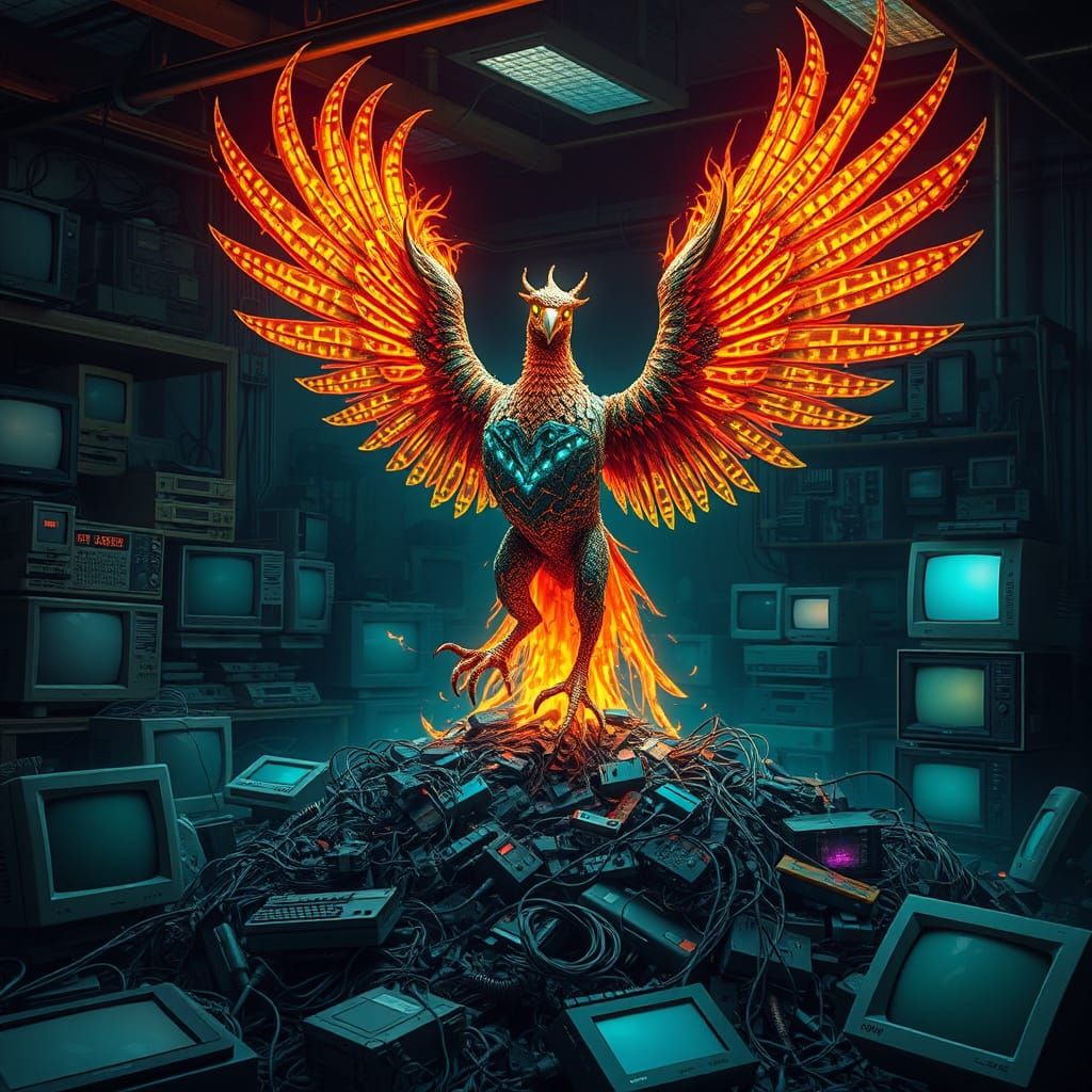 Phoenix Rising From Digital Ashes in Retro-Futuristic Style