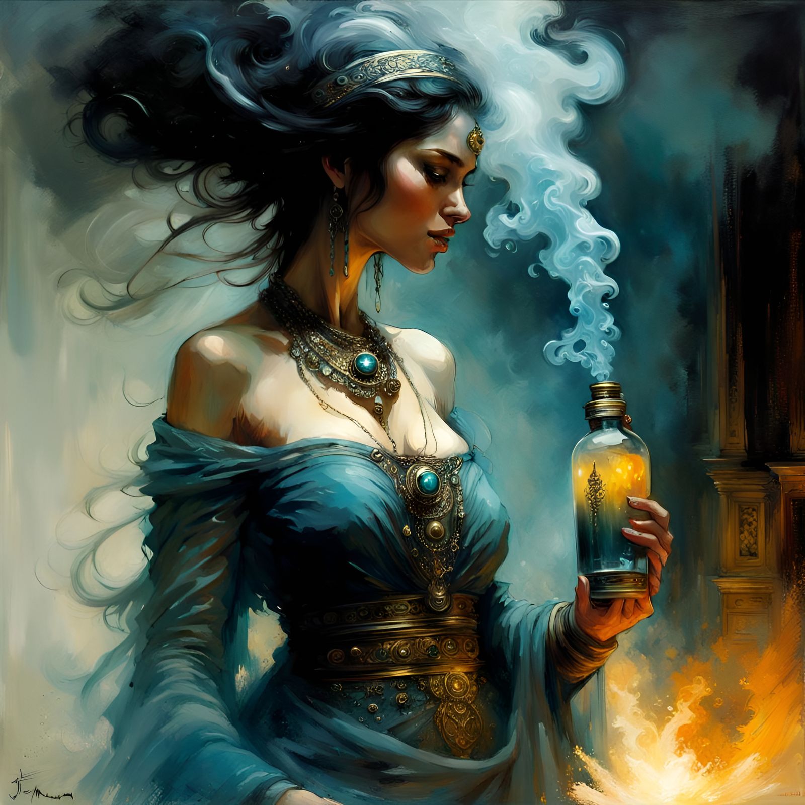 Ornate Djinn Emerges in Billowing Smoke