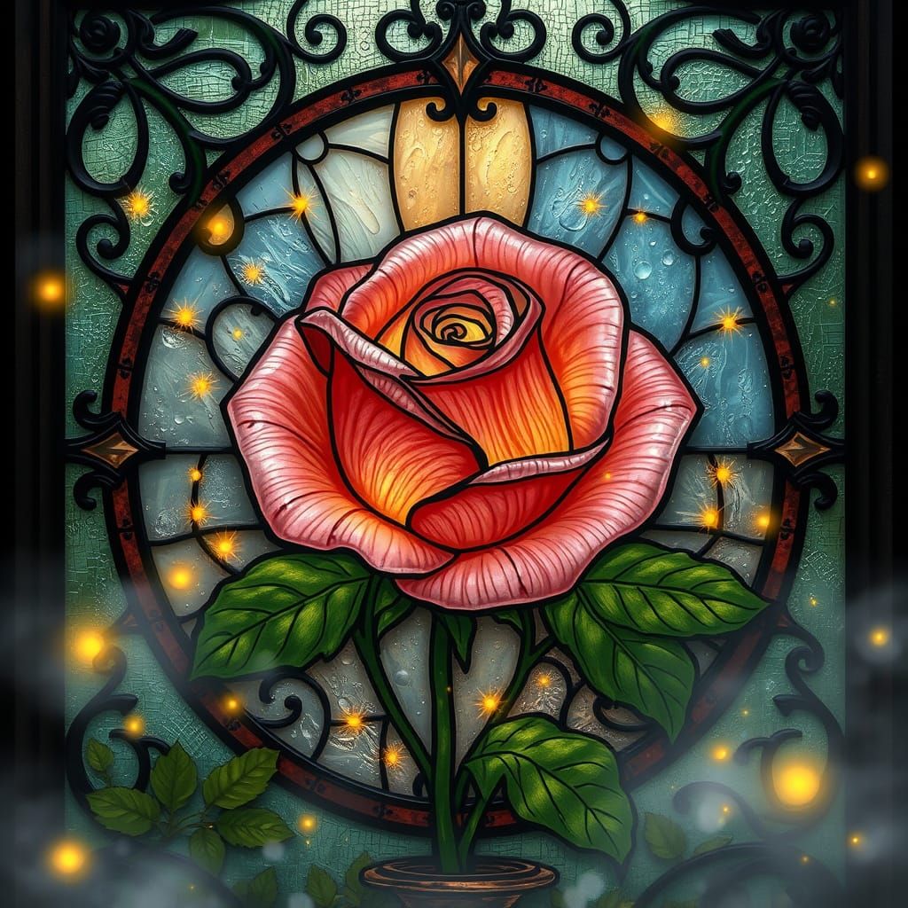 Ornate Stained Glass Rose in Romantic Style