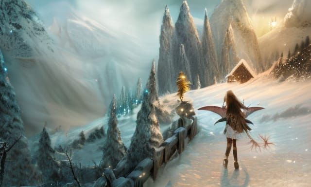 Magical Snowy Mountain Landscape with Fairy Lights