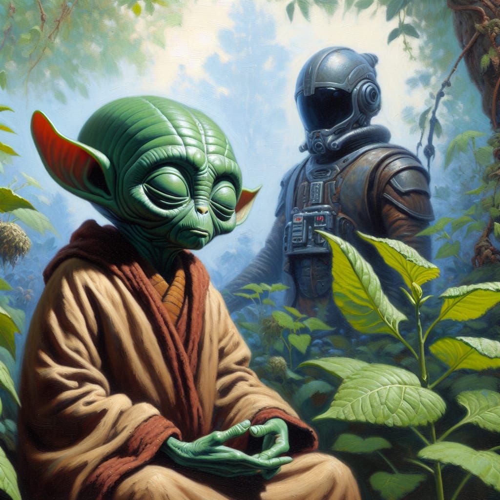 Meditating Alien in Garden, Classical Realist Oil Painting