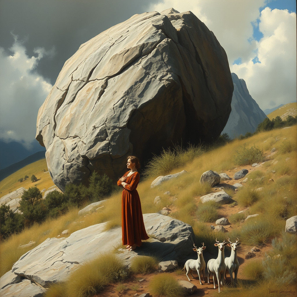 Lonely Figure on Hillside as Oil Painting