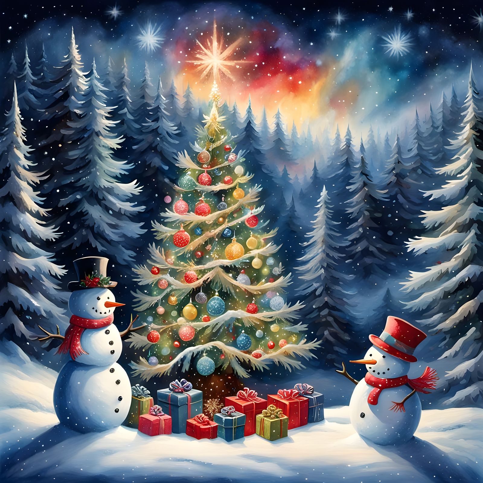 Whimsical Winter Scene in Traditional Oil Style