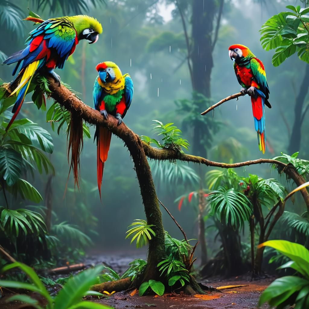 Rainforest Scene with Monkey and Parrot