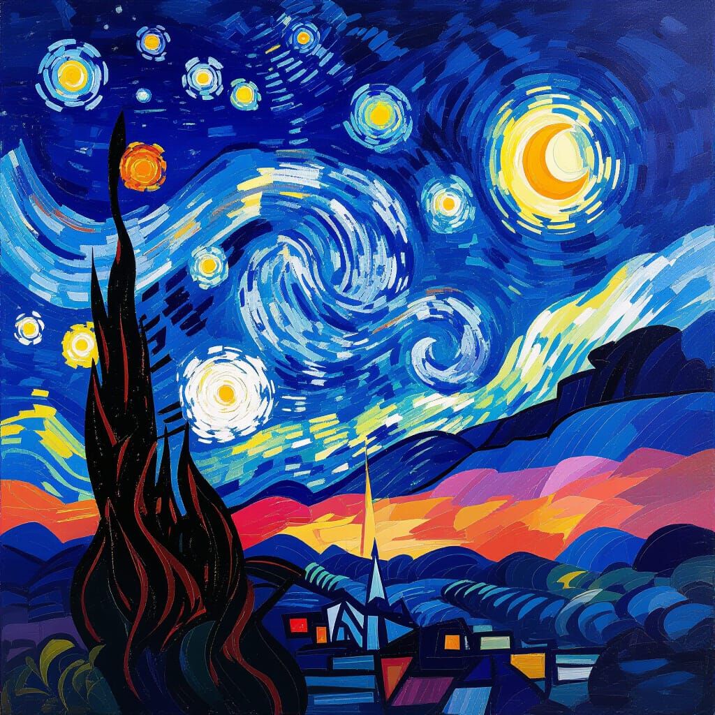 Vibrant Starry Night Sky in Gouache Style