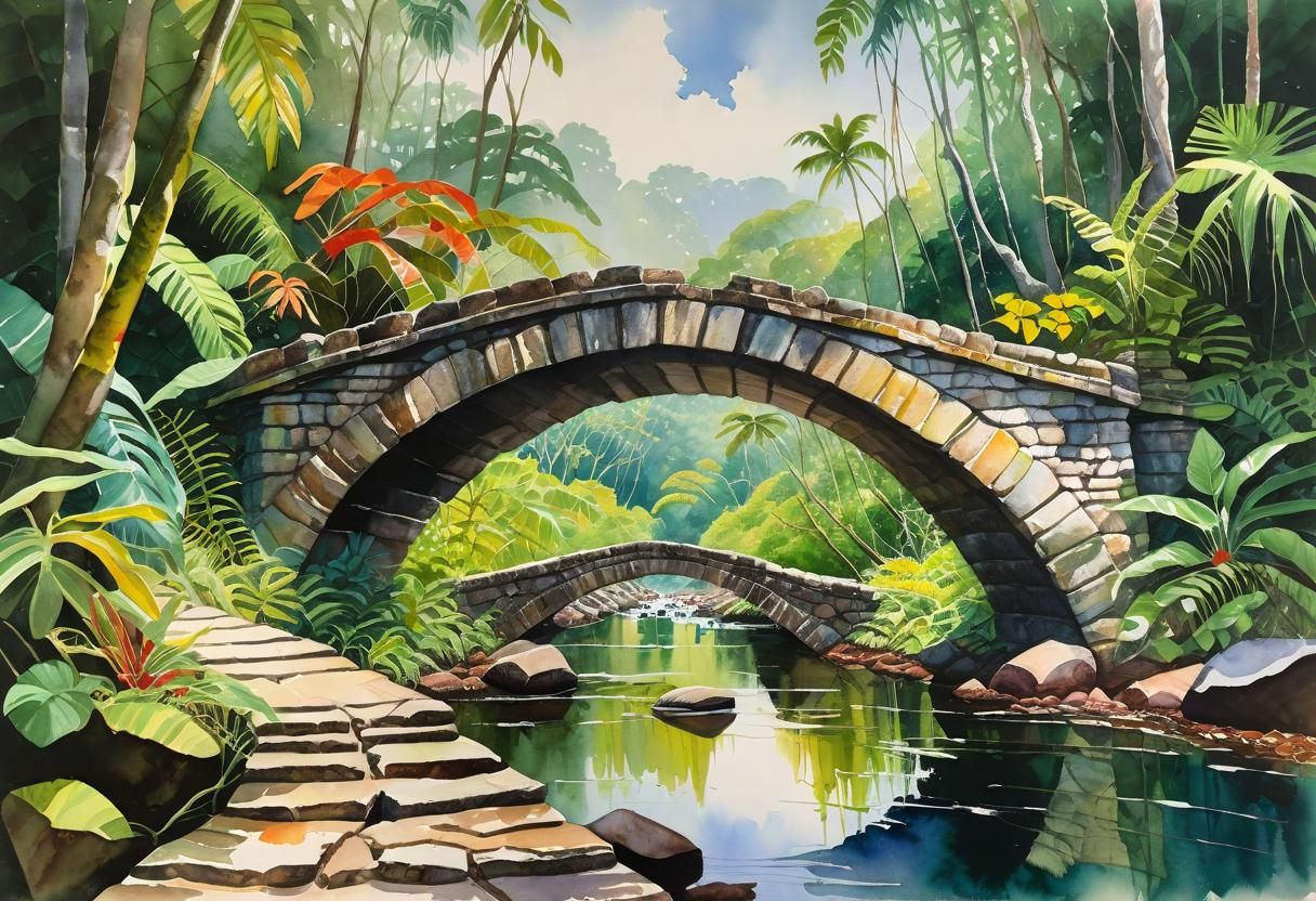 Arched Stone Bridges Over A Jungle Creek.