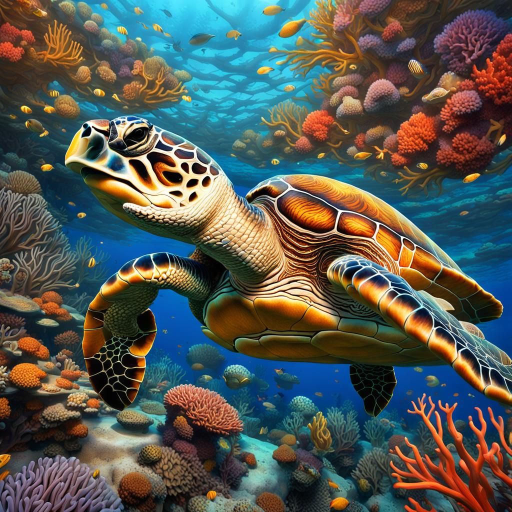 Loggerhead Turtle Swimming in Coral Reef, Fantasy Art