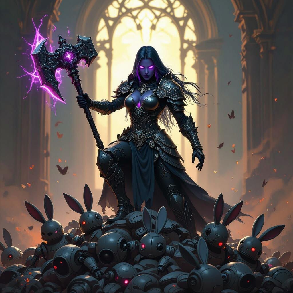 Drow Warrior Victorious Over Robot Rabbits in Dark Fantasy