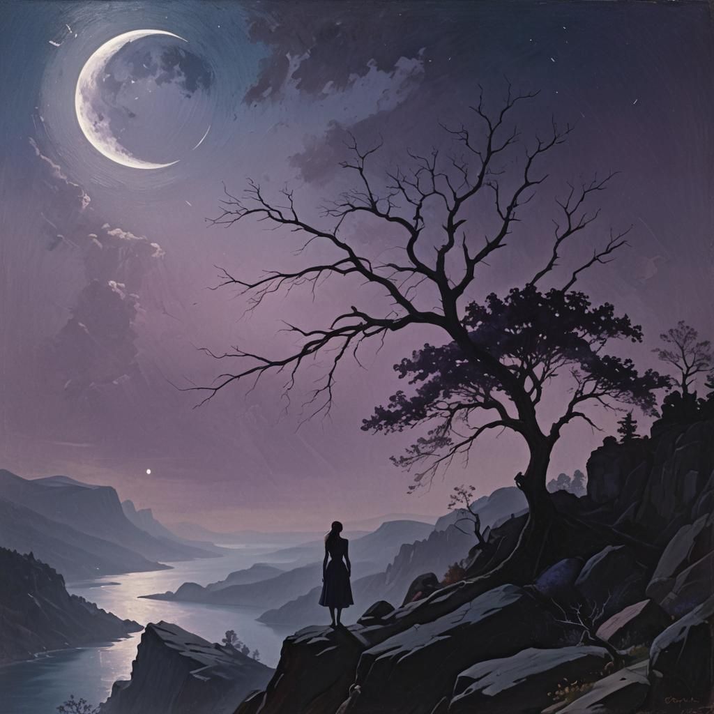 Ethereal Moonlit Silhouette in Atmospheric Landscape