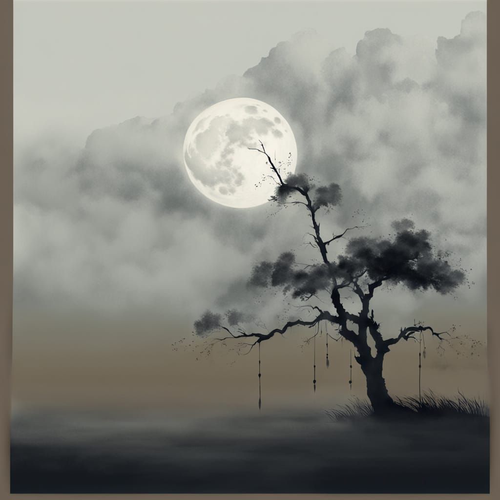 Sumi-e Style Moon Over Solitary Poplar Tree