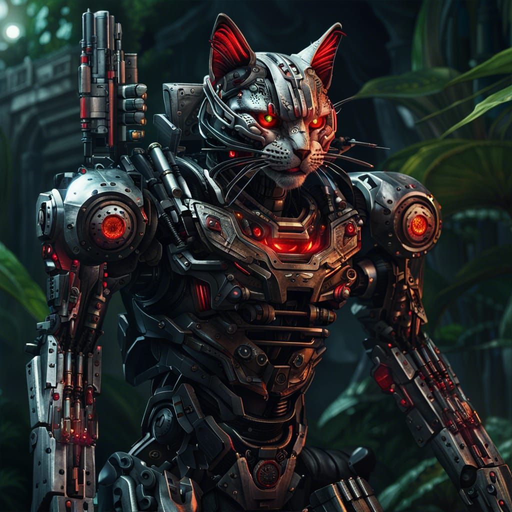 Hyperrealistic Robotic Cat Soldier in Jungle