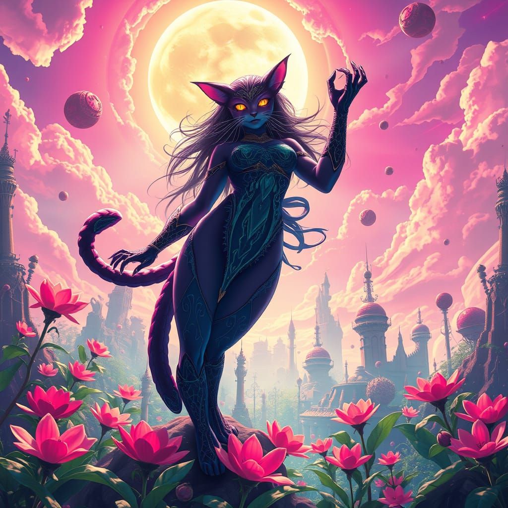 Cat-Goddess Ascending in a Neon Cyberpunk Dreamscape