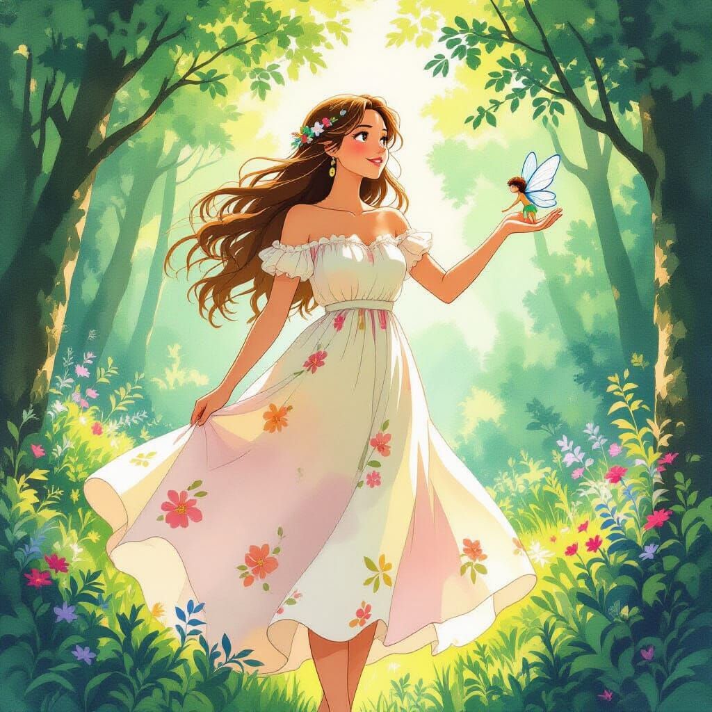 Giantess and Fairy in Enchanted Forest Watercolor