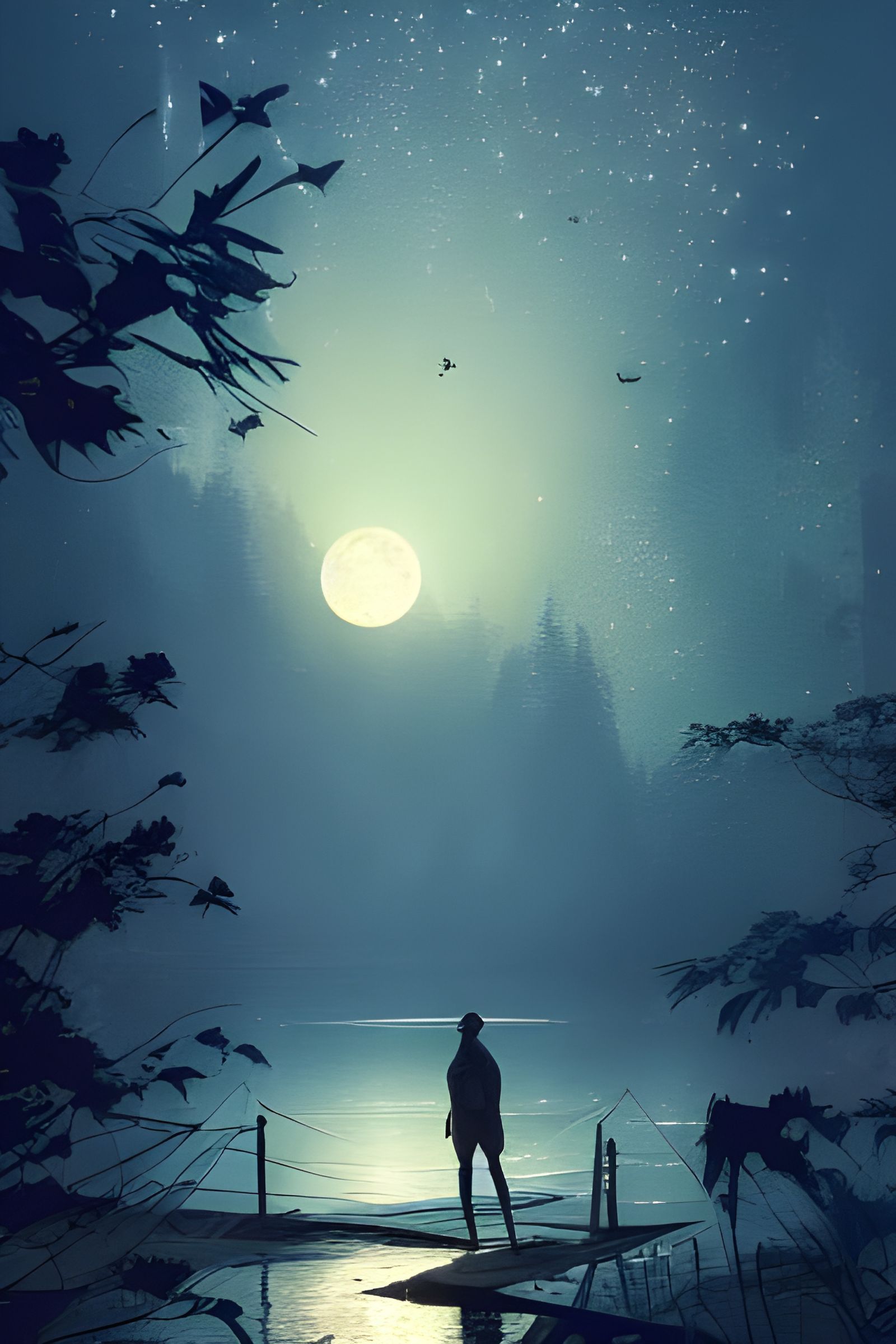 Magical Starry Lake at Night Under Moonlight