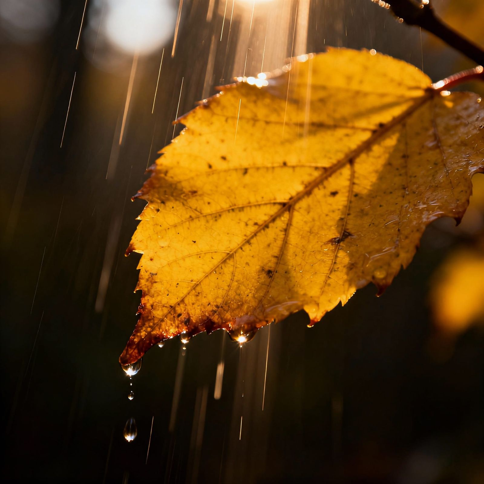 Autumn Leaf with Rain Drops in Golden Hour Light
