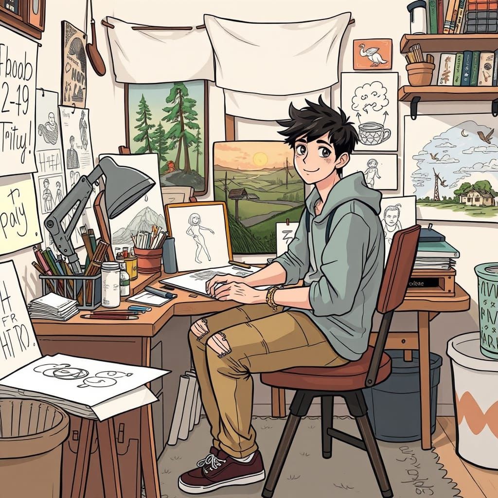 Artist in Cozy Studio, Art Nouveau Style