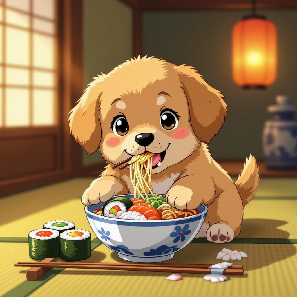 Cute Puppy Enjoys Sushi and Ramen in Anime Style