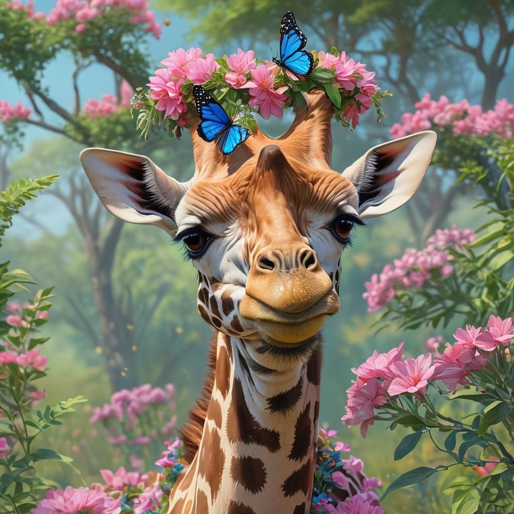 Whimsical Giraffe Amidst Vibrant Floral Bloom