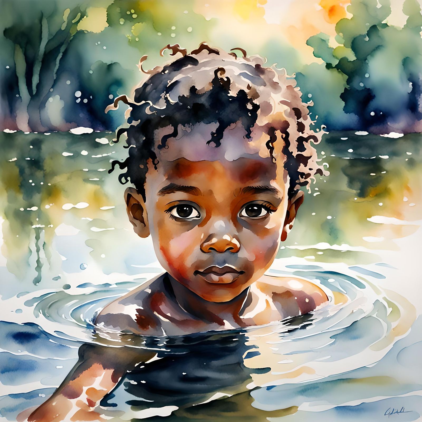 Watercolor Painting of Black Child in Water