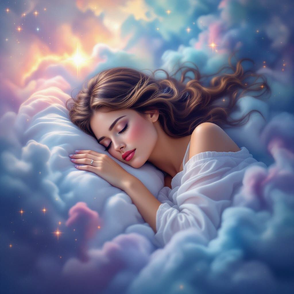 Beautiful Woman Floating in Colorful Cosmic Nebula