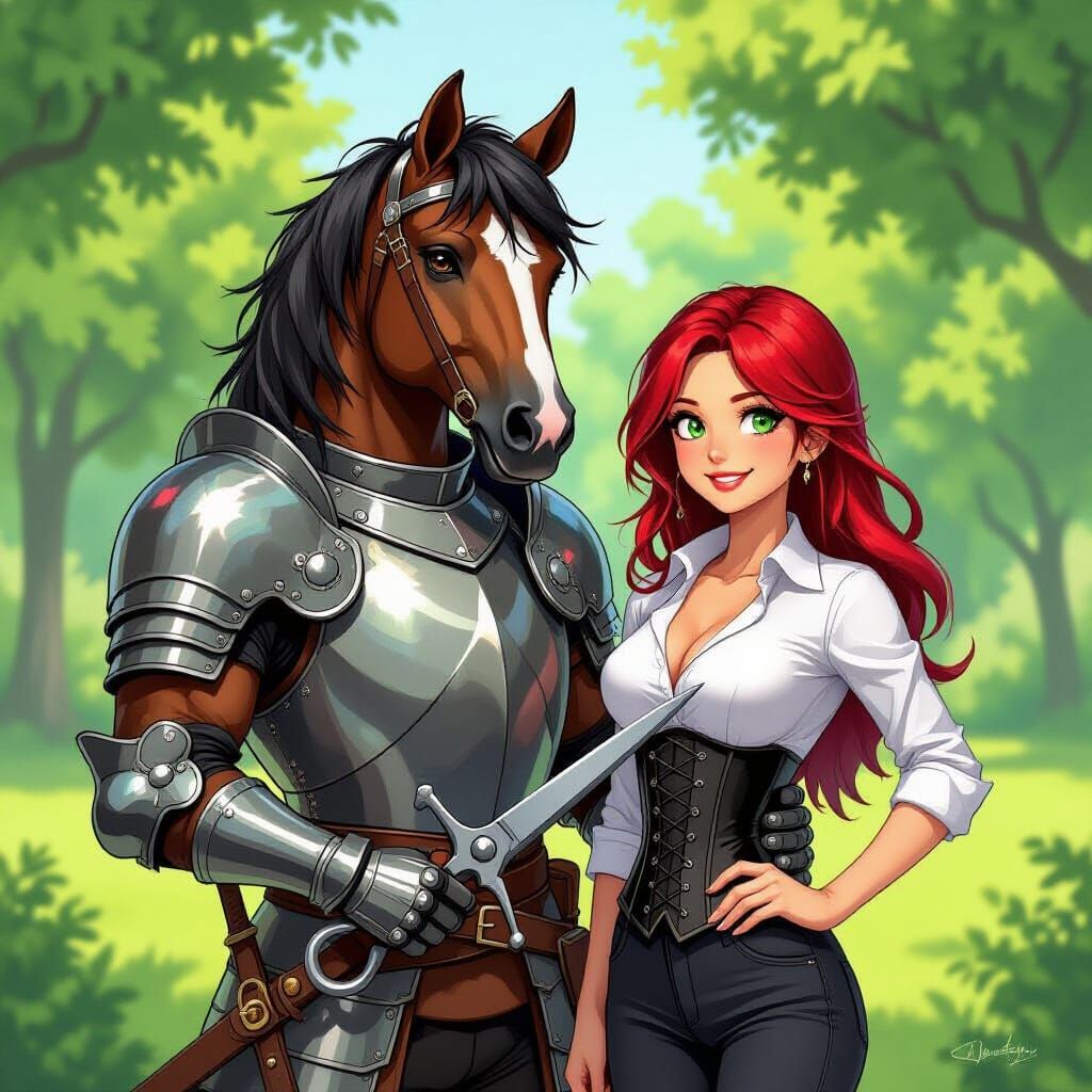 Centaur Knight and Girl with Scissors in Anime Style