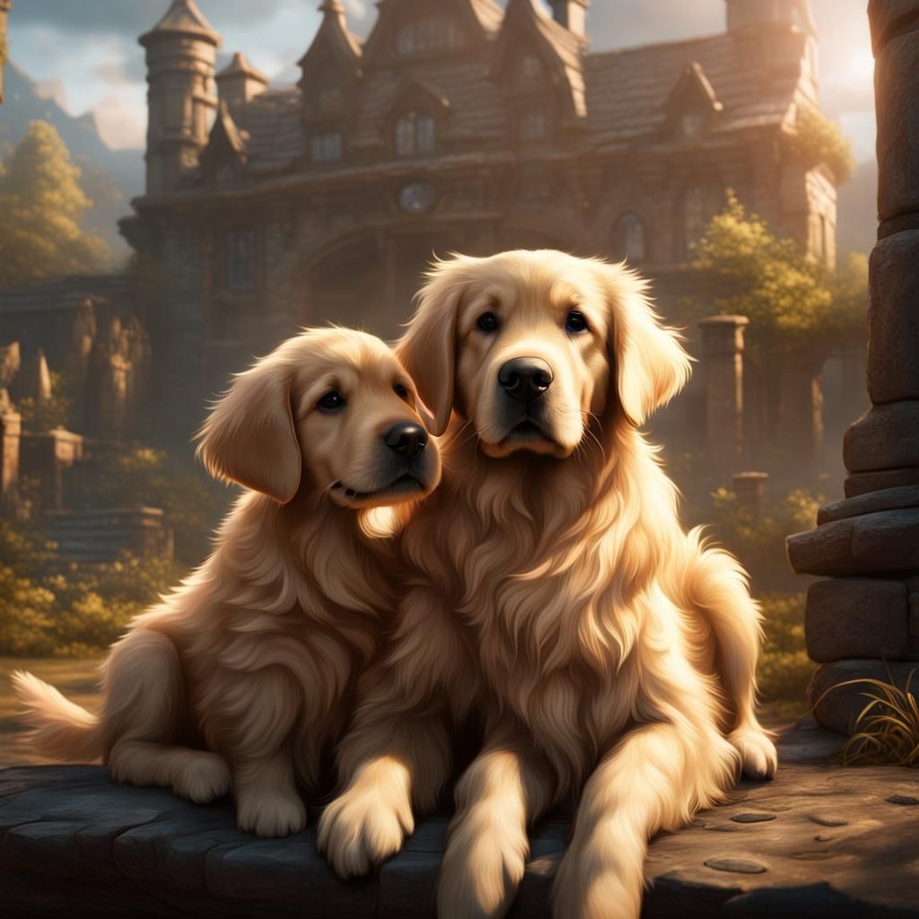 golden retriver puppy with her mother
