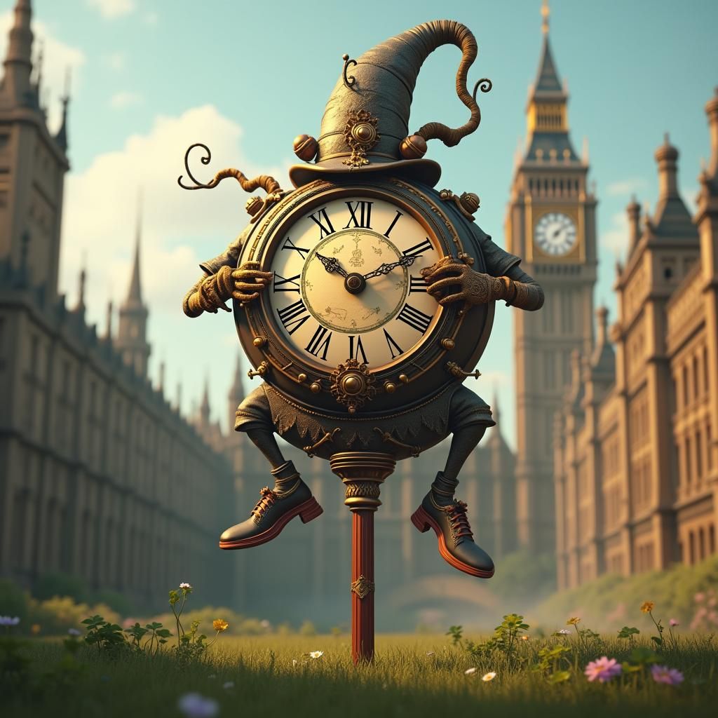 Whimsical Clock Figure Near Big Ben: Fantasy Concept Art