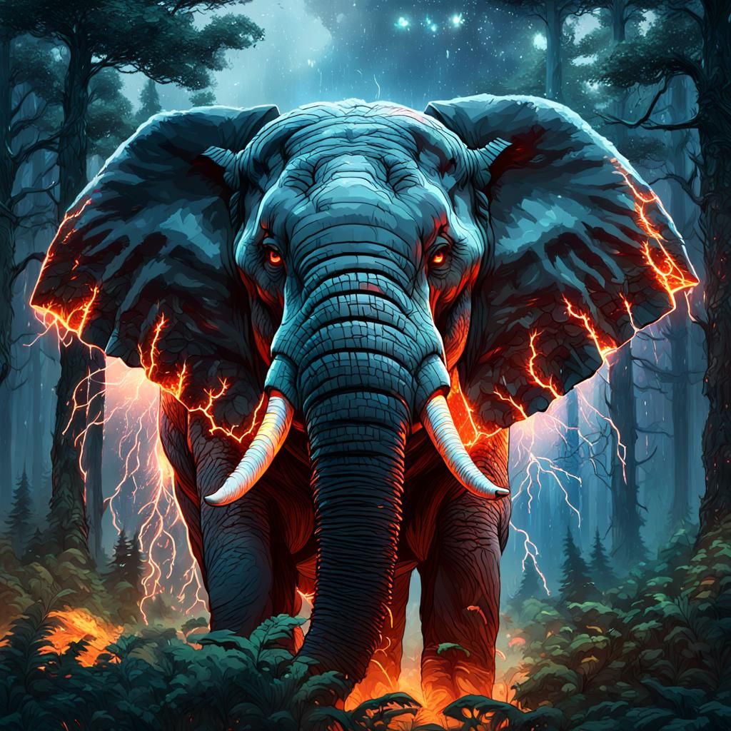 Fire Elephant in Thunderstorm: Digital Art Portrait