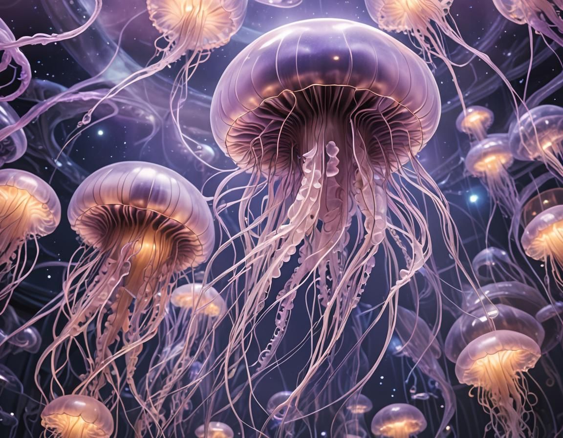 Ethereal Lilac Jellyfish in Candlelit Art Nouveau Dreamscape