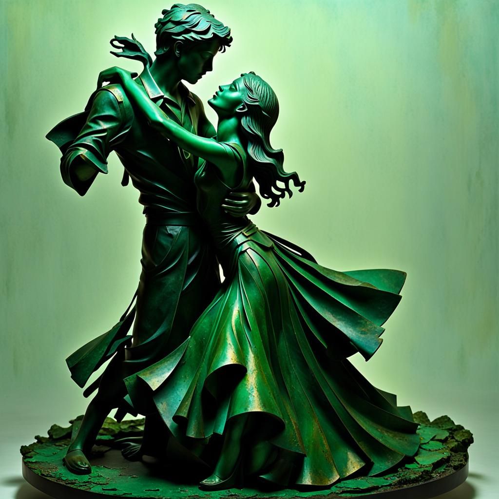Broken Brass Sculpture of Lovers in Corroded Green