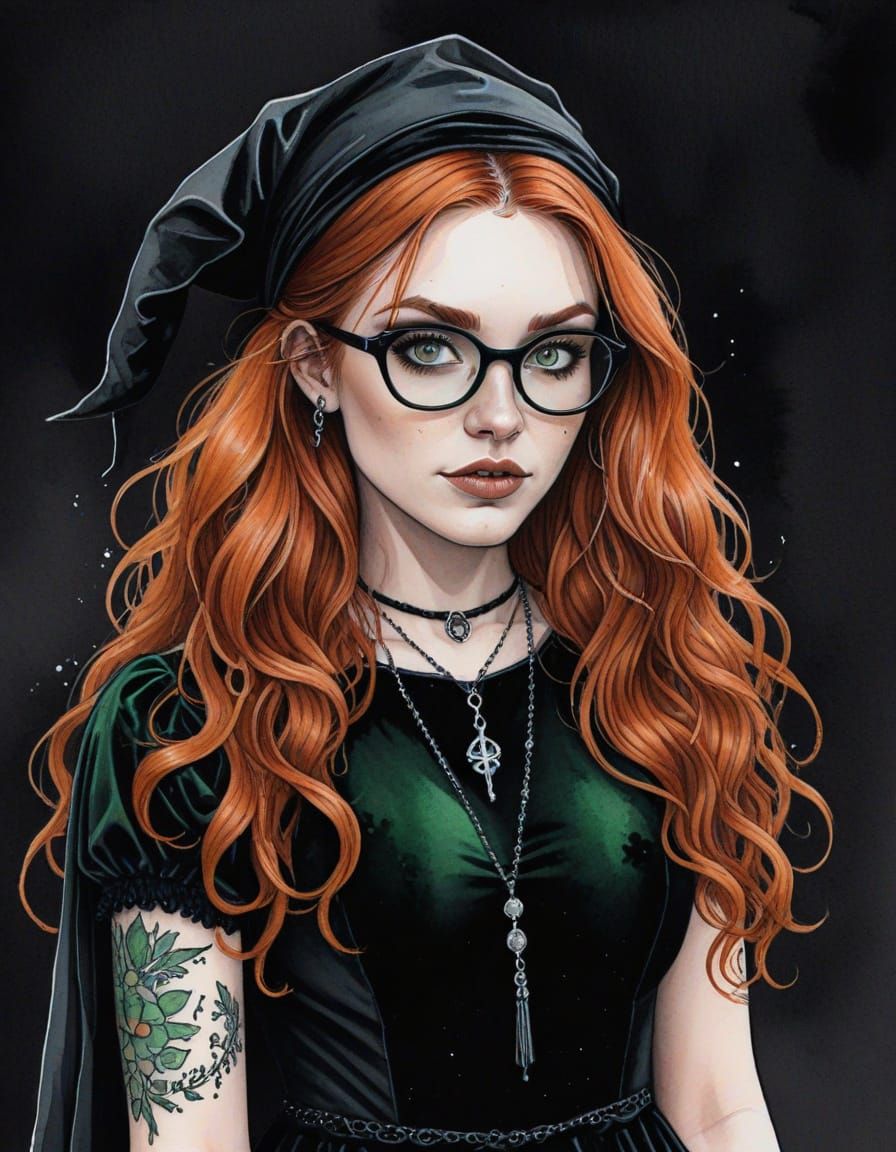 Cute Goth Witch Portrait in Comic Book Style