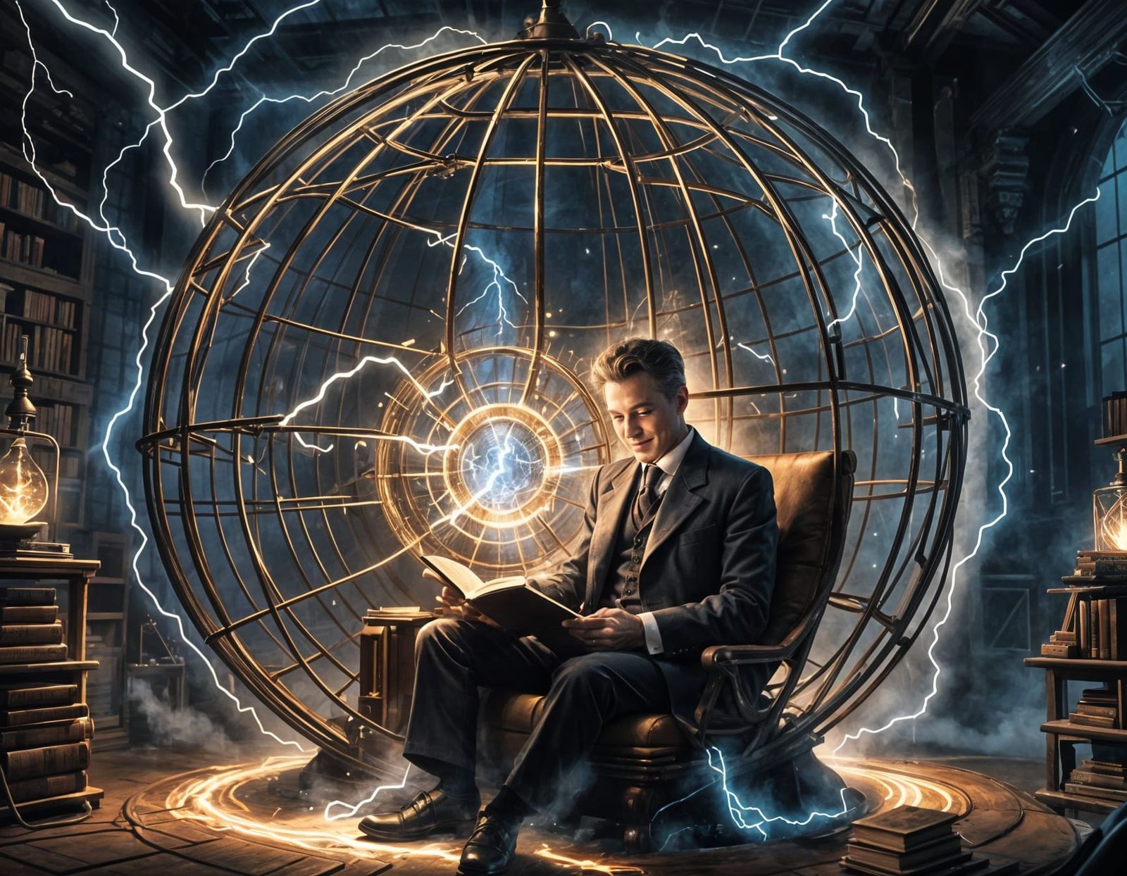 Tesla Reads Calmly Amidst Electrical Storm