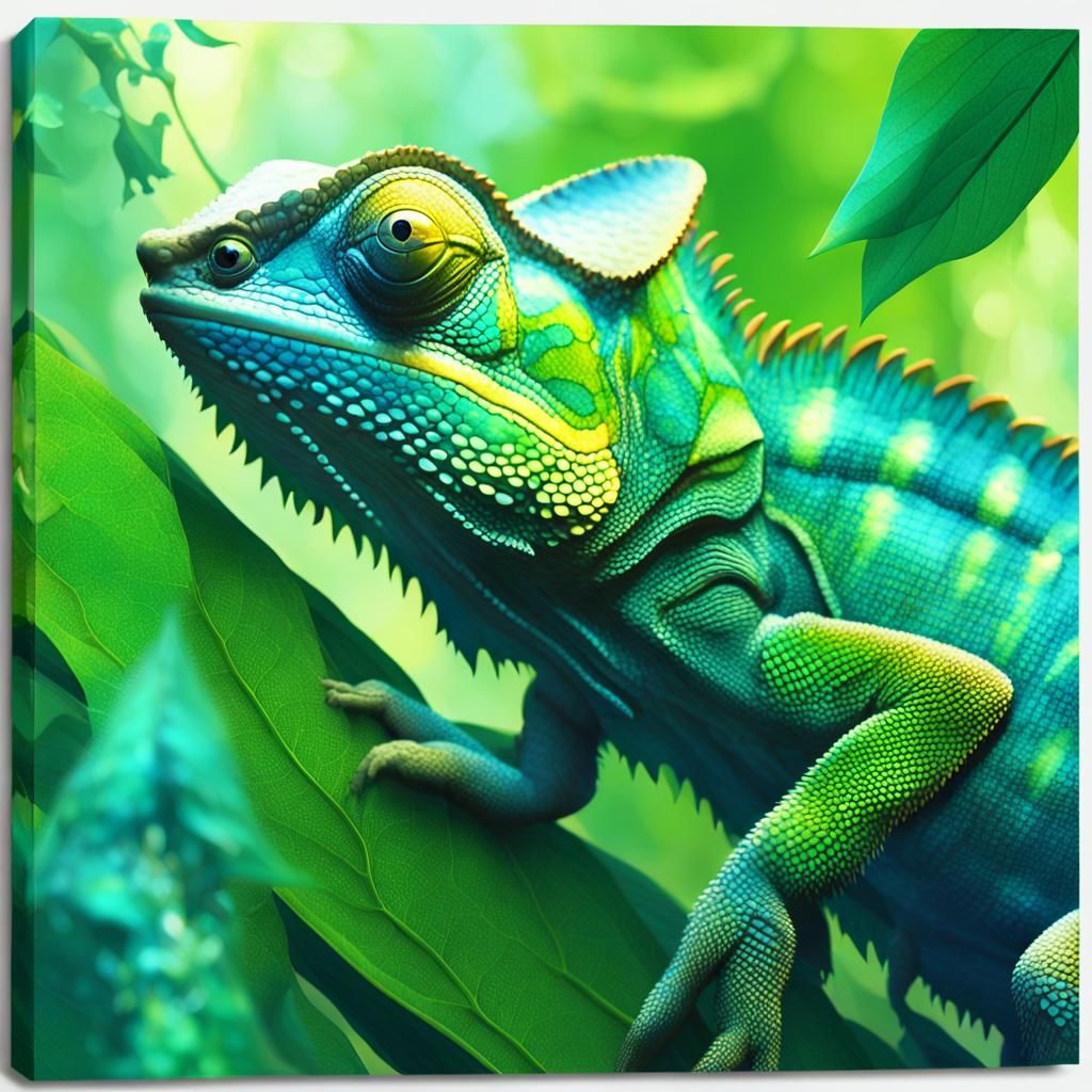 Green Chameleon Hiding in Rainforest, Splash Art Style
