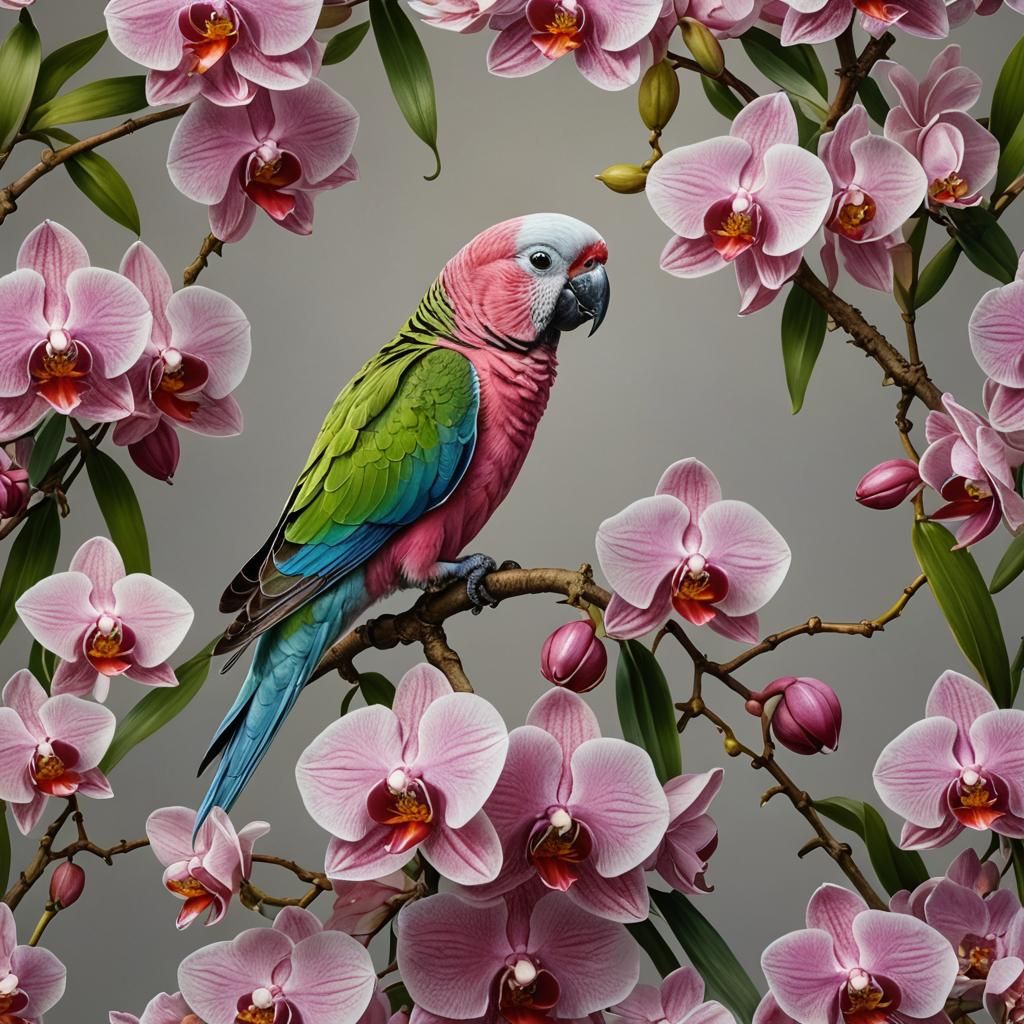 Hyperrealistic Pink Bourke's Parakeet with Orchids