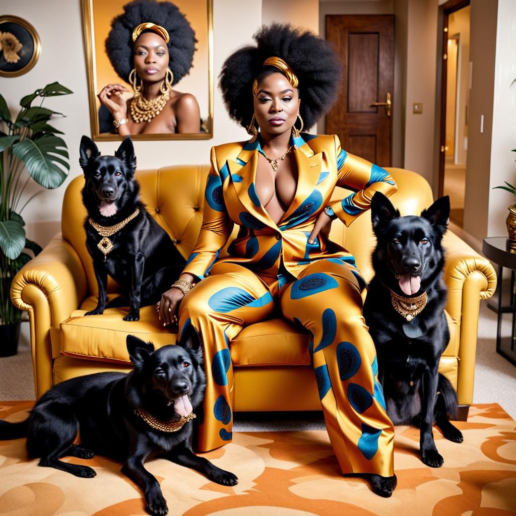 Futuristic Portrait of Woman with Black Dogs