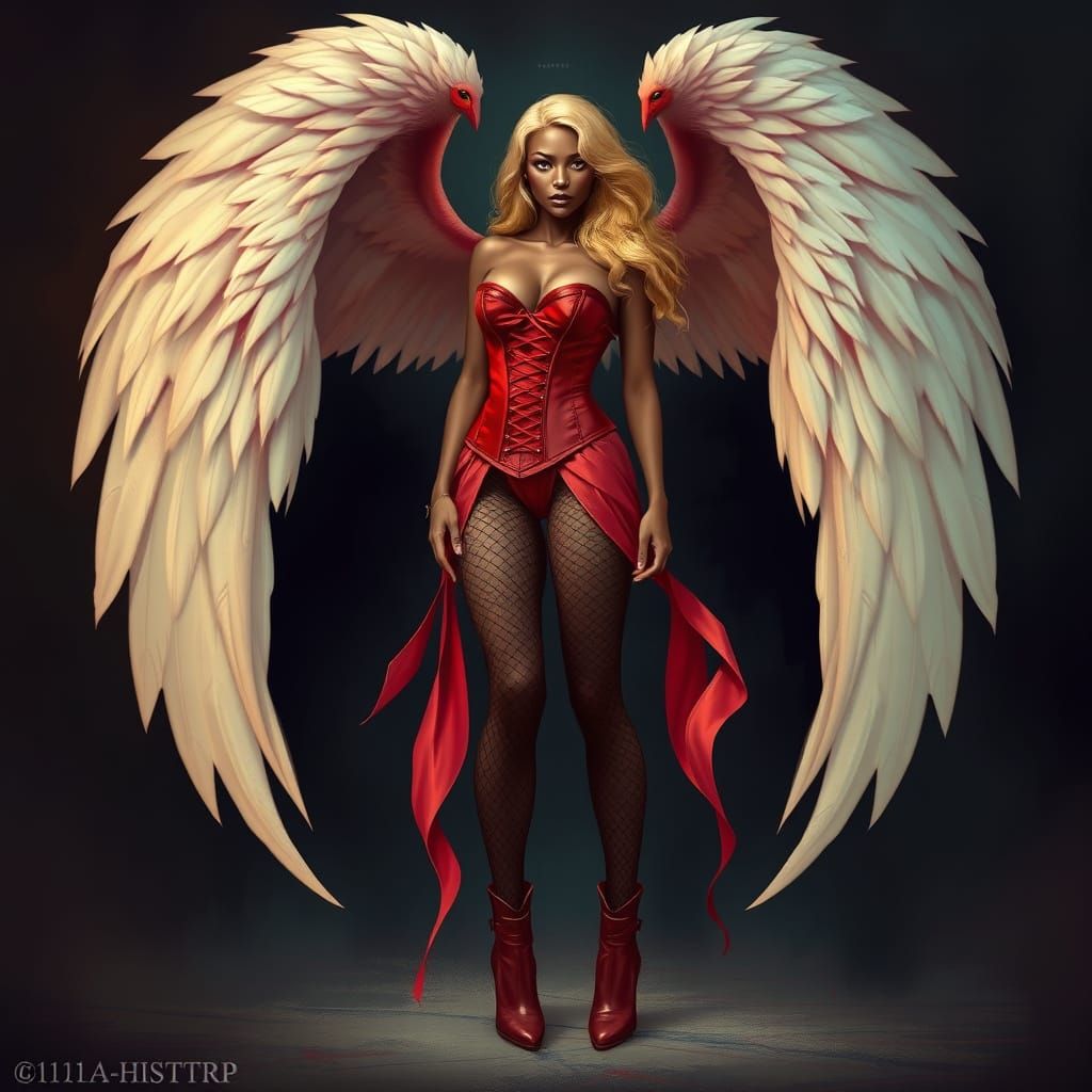 A high-fashion digital illustration of an African woman and very long, wavy blond hair., wearing a red transparent see-t...