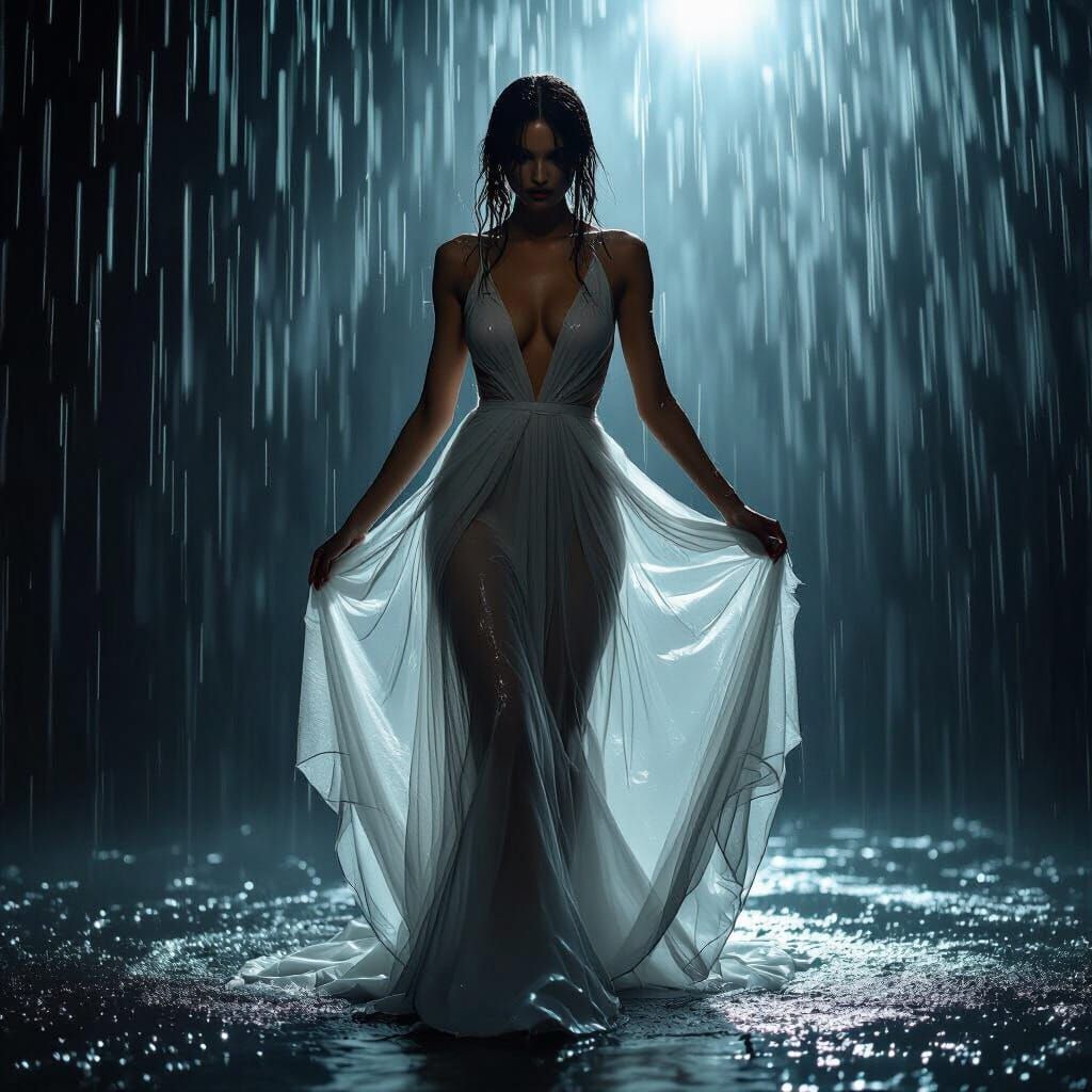 Ethereal Model in Sheer Dress Amidst Dramatic Rain