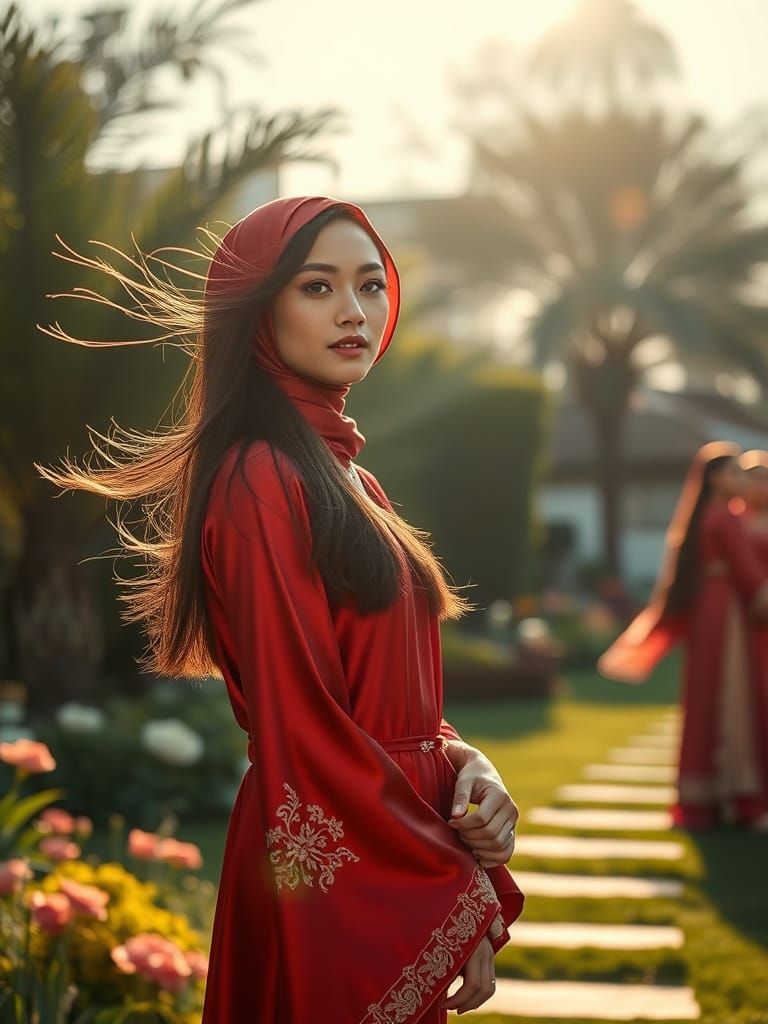 Radiant Woman in Red Silk Abaya at Garden Party