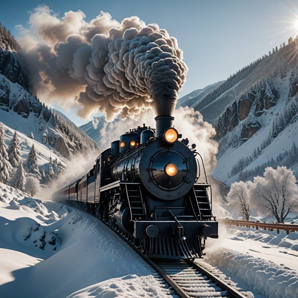 Glass Steam Train in Snowy Valley with Cinematic Lighting