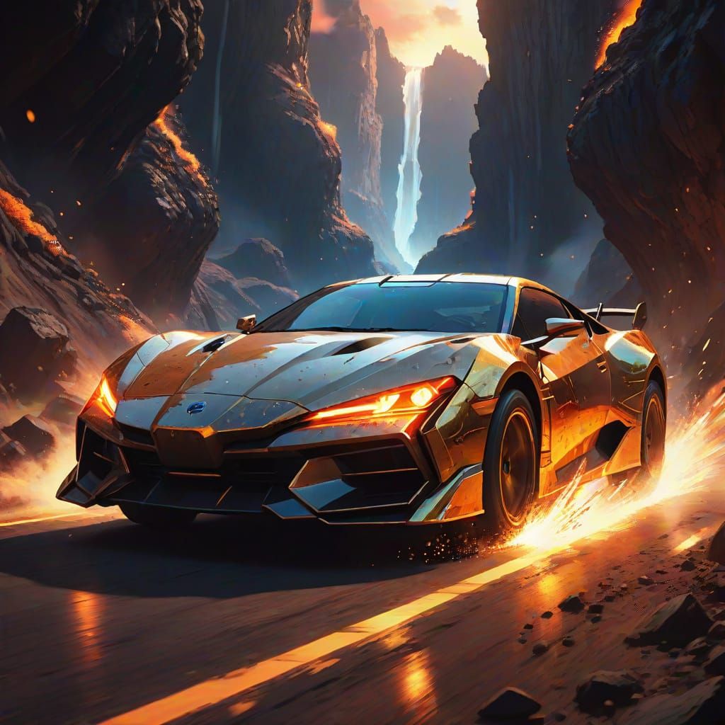 Futuristic Car Speeds Through Volcanic Canyon in Anime Style